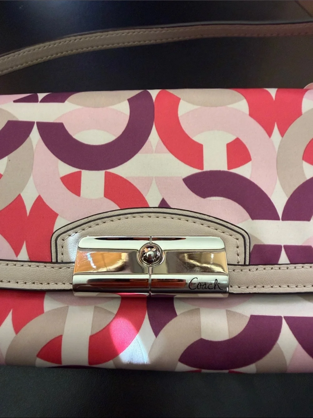 Coach Pink Red Purple Geometric Wristlet with Beige Trim
